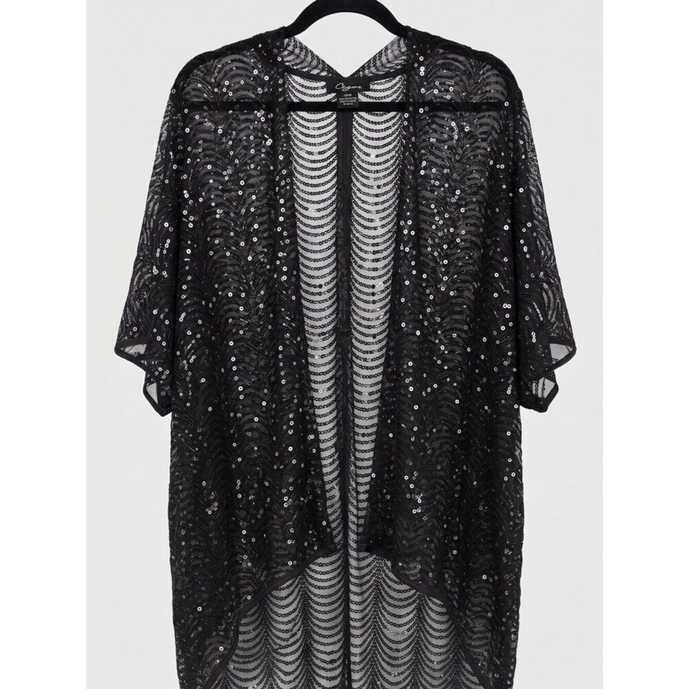 Cejon Black Sequin Open Front Kimono Duster Cardigan Cover Up OSFM sequined